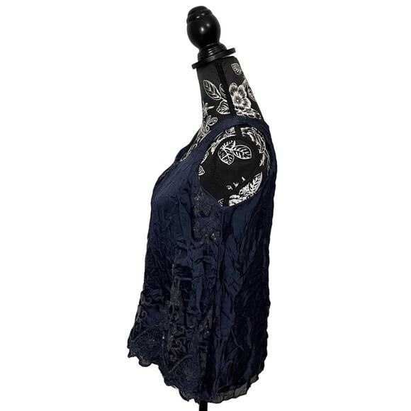 Marina Gigli Navy Blue Sleeveless Sequin Flowy Blouse Lace Floral Italy Small - Picture 7 of 11